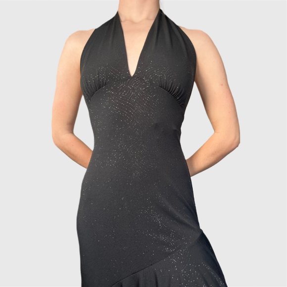 Vintage Y2K Halter Dress, 00s Black Sparkly Sexy Asymmetrical Formal Dress - Picture 5 of 10